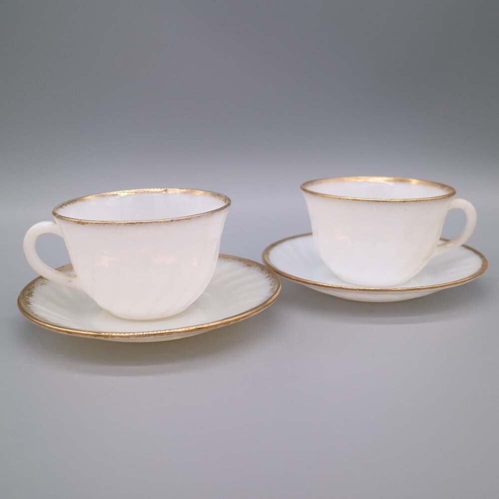 Vintage Fire King Milk Glass Tea Cup & Saucer (Set of 2) Suburbia Swirl Pattern